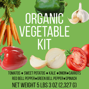 Organic Vegetable Kit showing fresh vegetables on border and a Net Weight of 5 lbs 3 oz