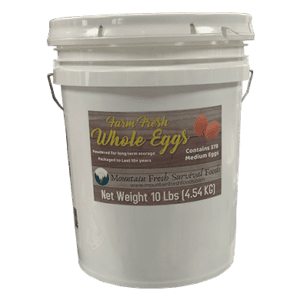 White, 5 gallon bucket with label stating 10 lbs of fresh powdered eggs